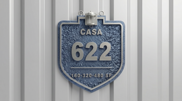 Casa 622 shield plaque mounted on container siding