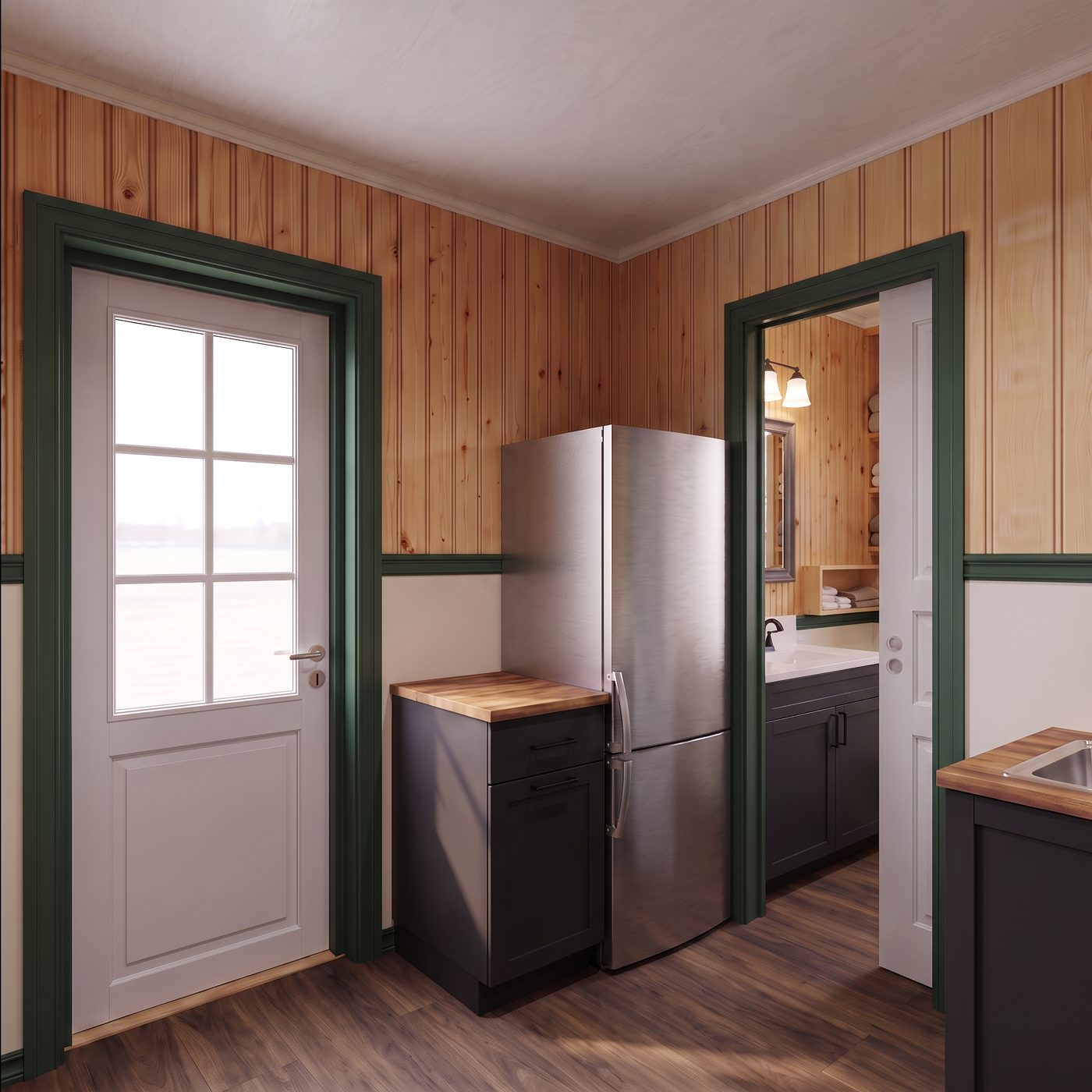 Classic 160 entry corner with the counter and a stainless refrigerator