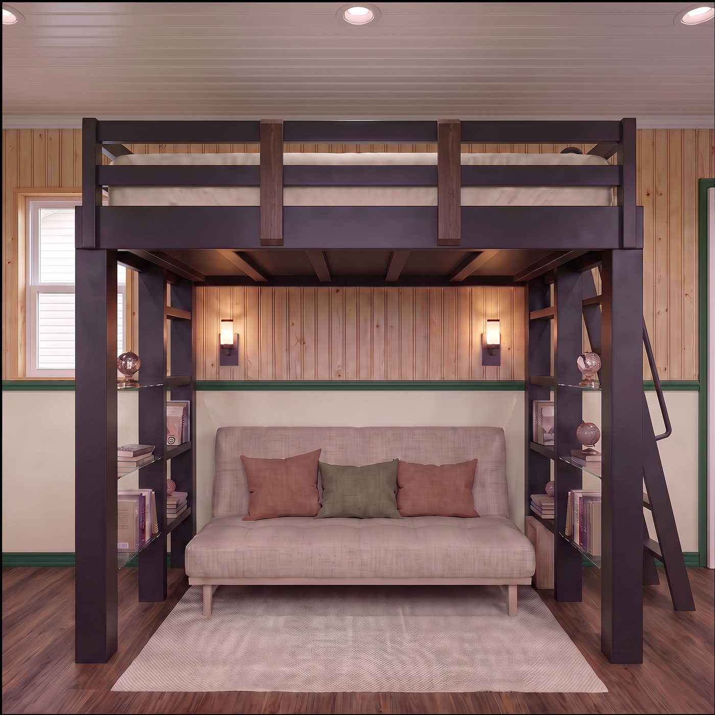 Classic 160 loft bed on a painted wood frame above a futon, with sconces and reading shelves