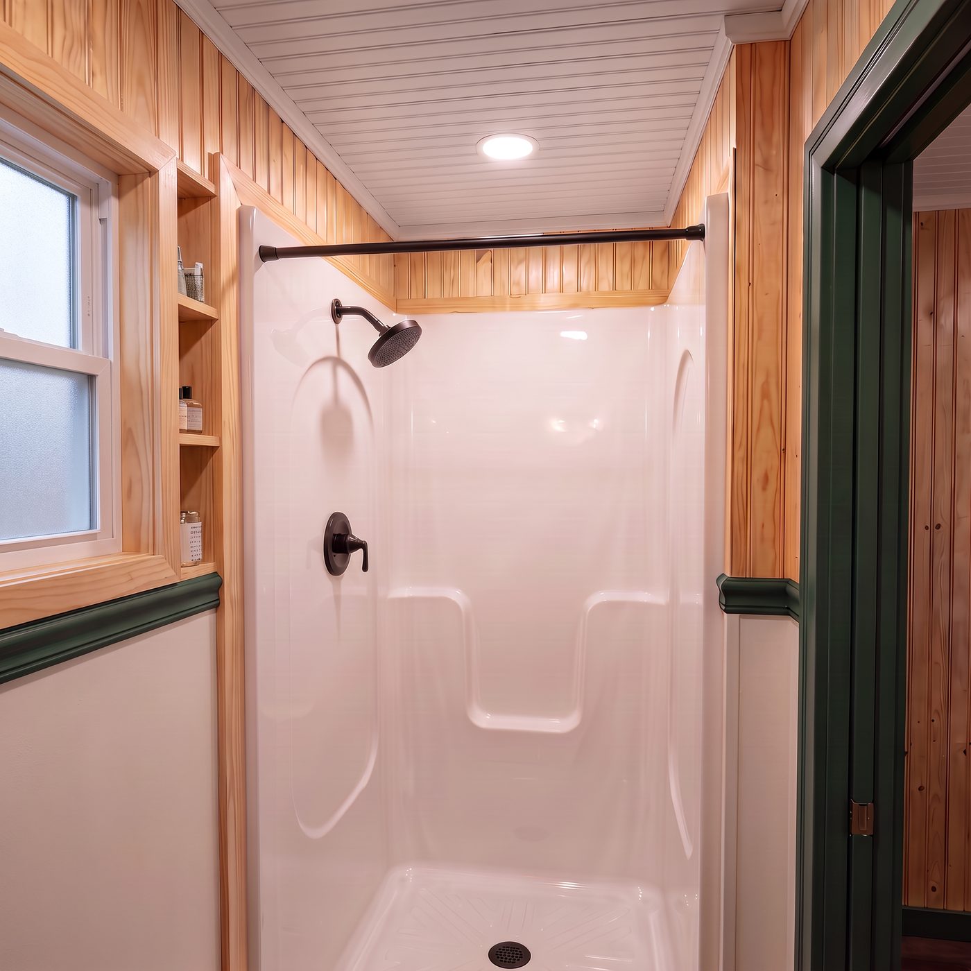 Classic 160 bath with a white molded shower surround and open shelving alongside