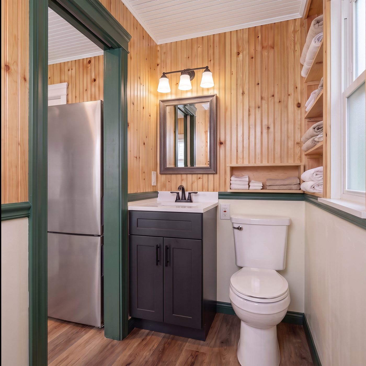 Classic 160 bath with a near-black vanity, mirror and light bar, and an obscure window with linen shelves