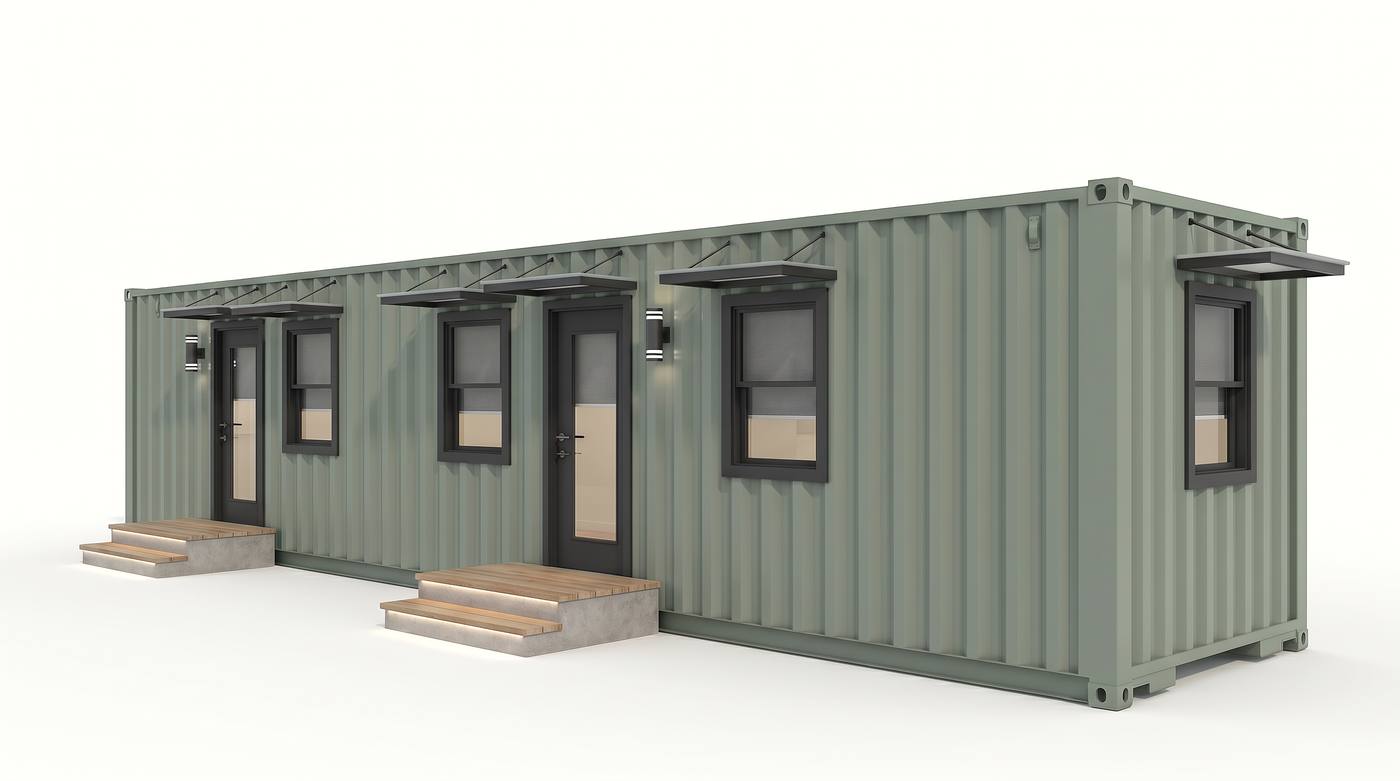 Classic 320 exterior in sage green with awnings over the windows and doors and wooden entry steps