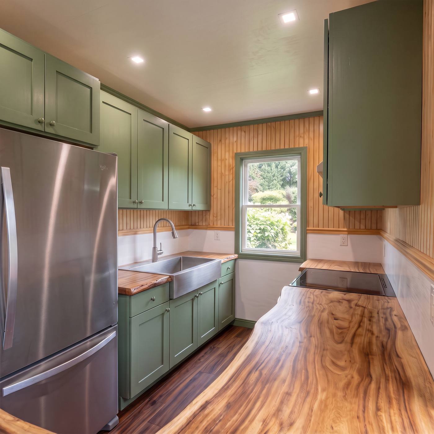 Classic 320 kitchen with rosemary green cabinets, live-edge wood counter and stainless apron sink