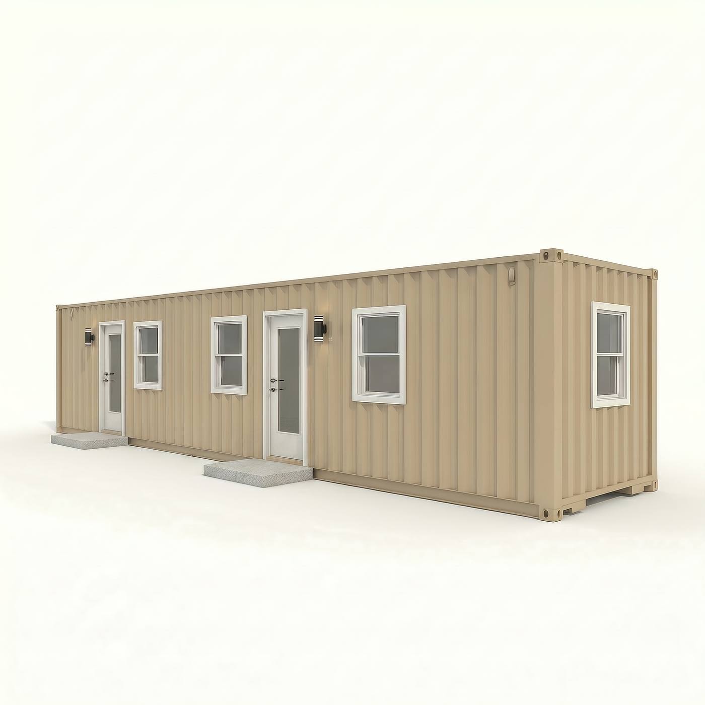 Comfort 320 exterior, tan 40-foot high cube container with half-light entry doors