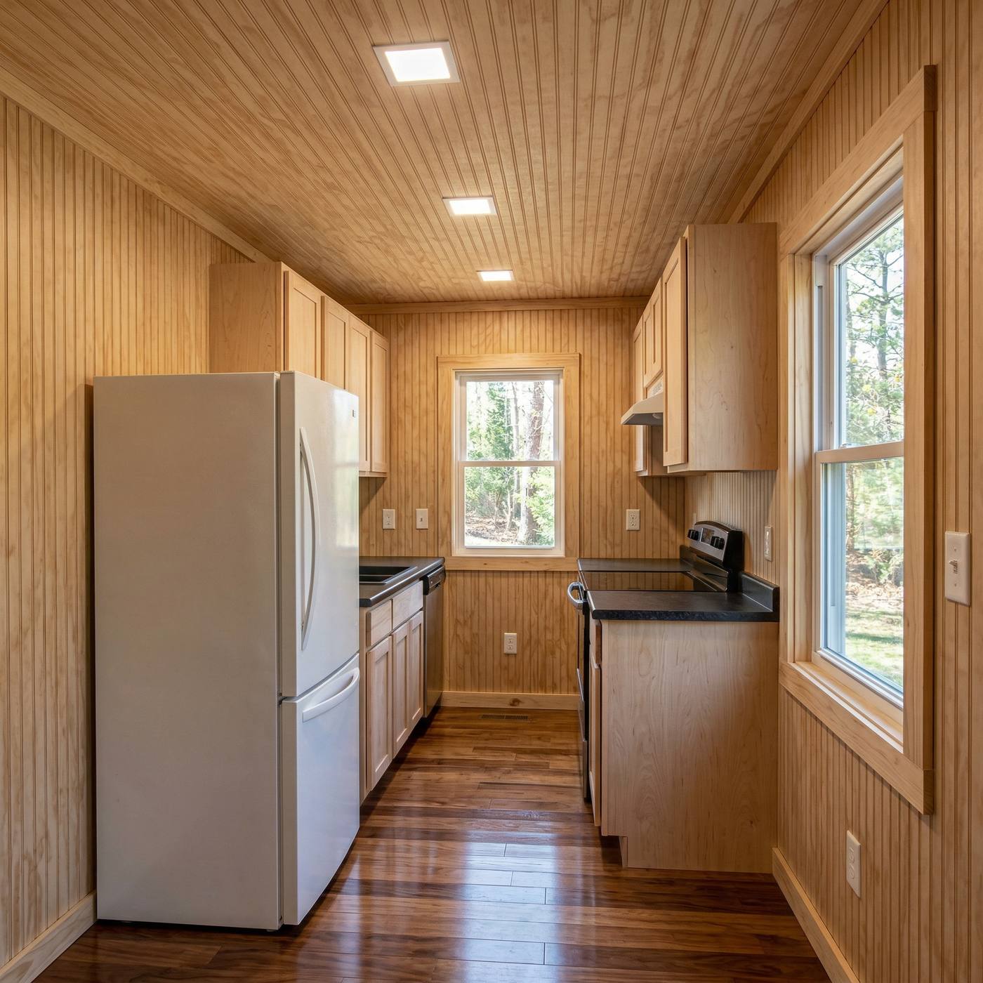 Comfort 320 galley kitchen with beadboard walls, white appliances and dark countertops