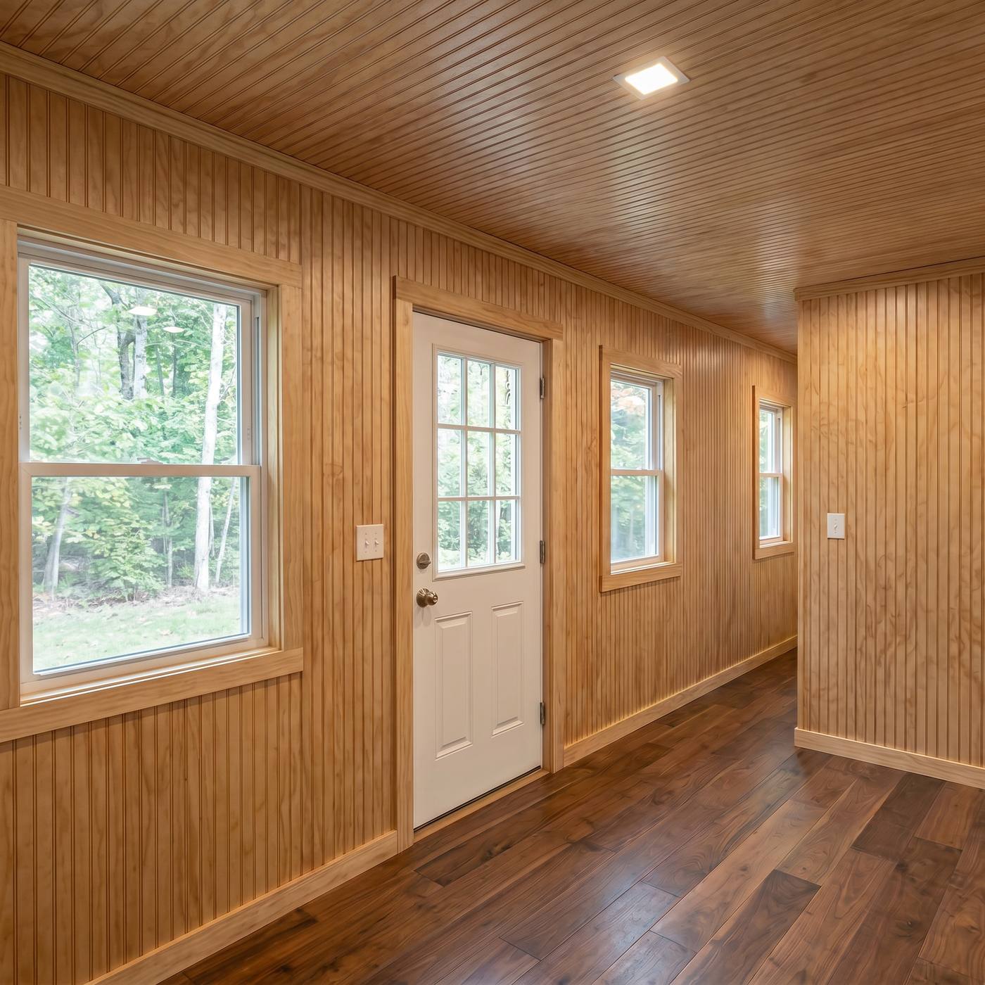 Comfort 320 living area with beadboard walls and dark walnut plank flooring