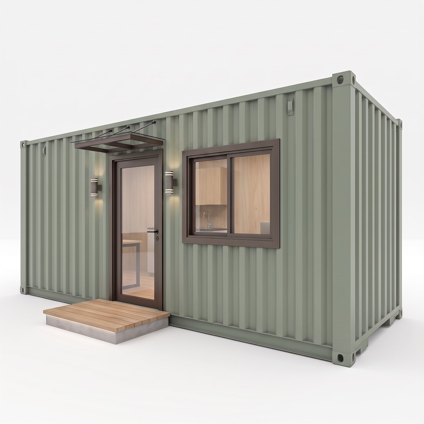 Classic 160 cabin in charcoal with a striped awning and cedar entry