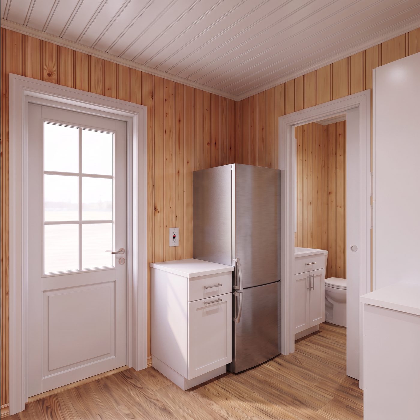 Comfort 160 entry corner with the counter and a stainless refrigerator