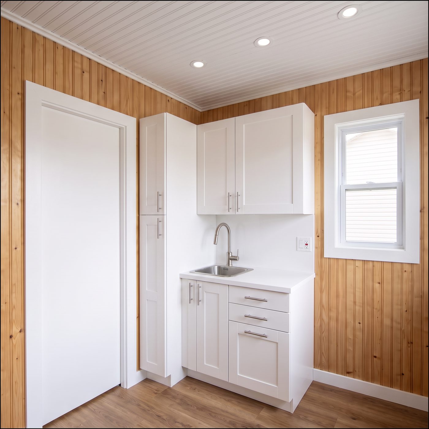 Comfort 160 kitchenette with white shaker cabinets and a window over the counter