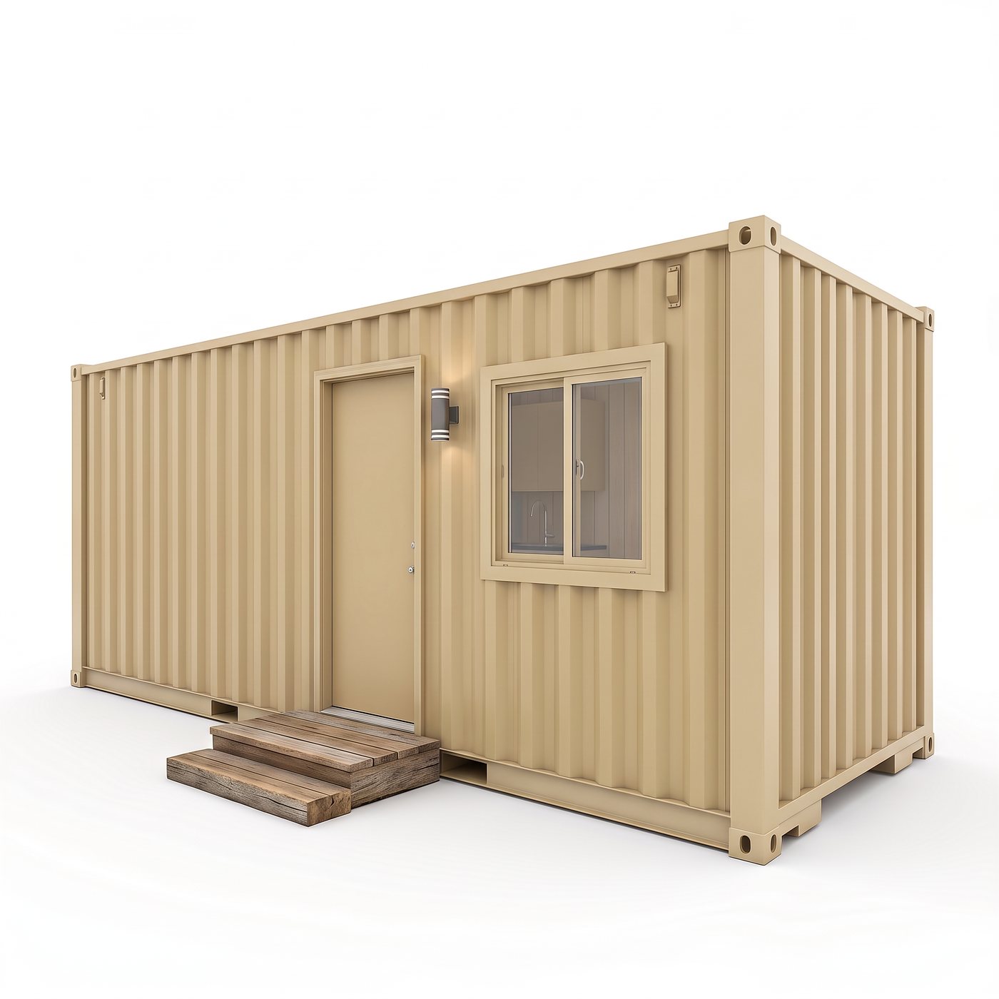Sport 160 exterior, tan container with a steel entry door and window in the long wall
