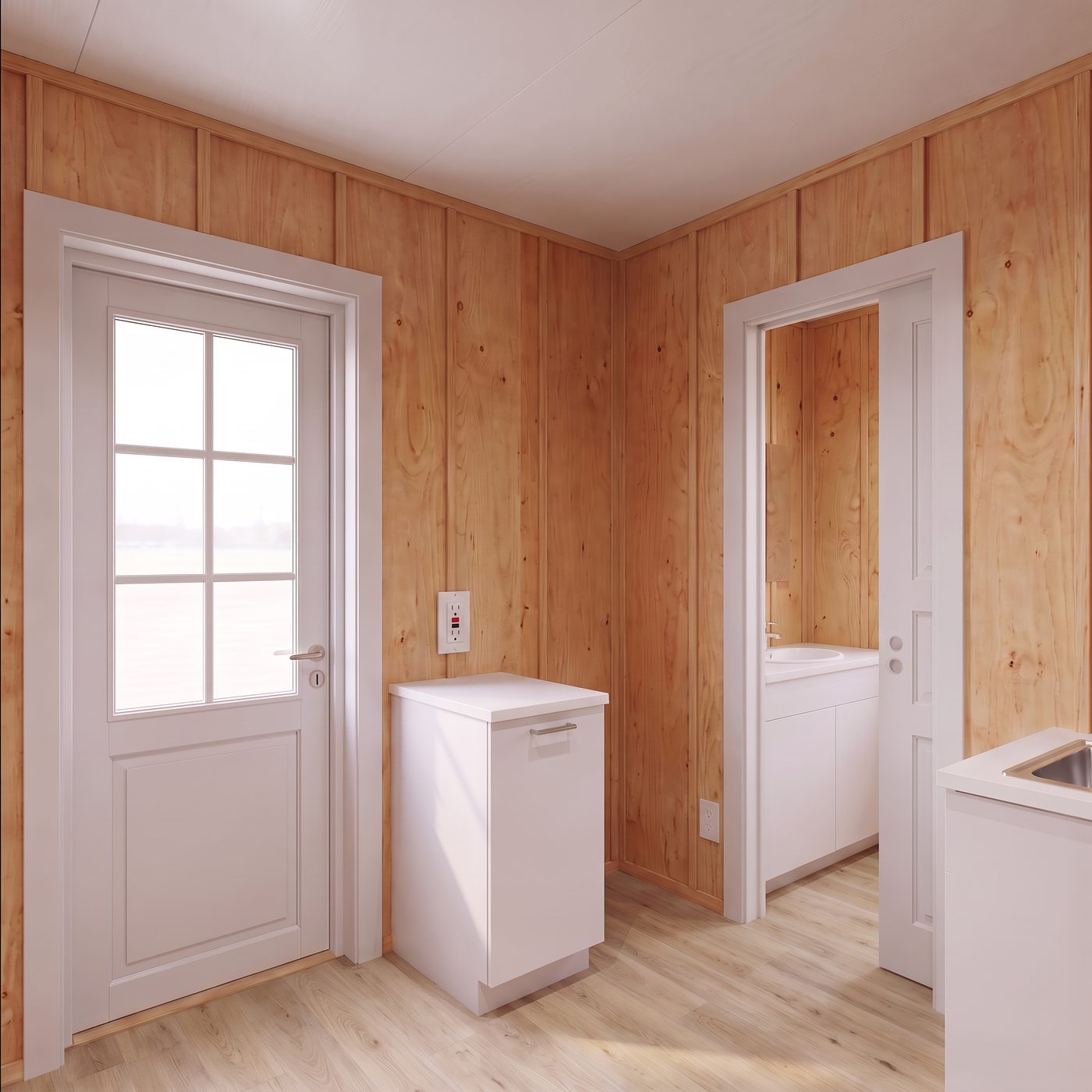 Sport 160 entry corner showing the counter and the empty refrigerator space