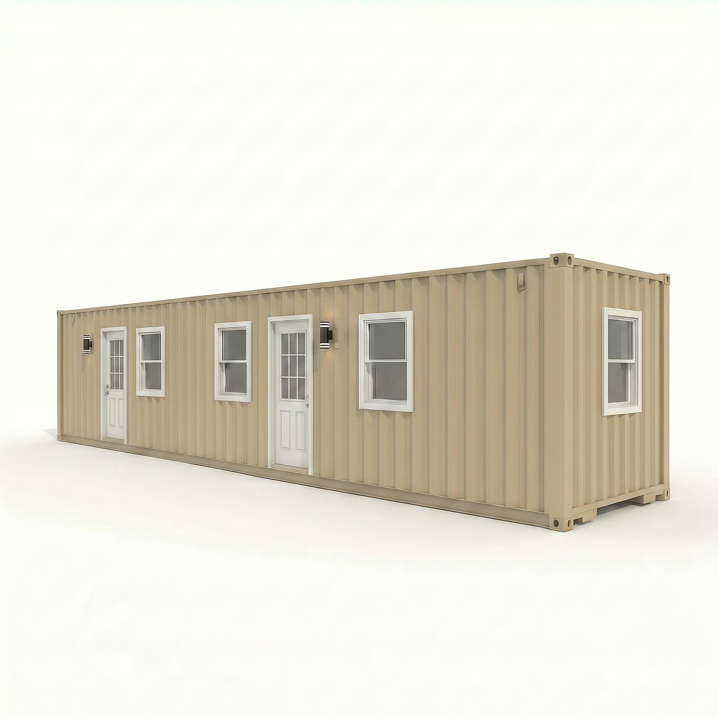Sport 320 exterior, tan 40-foot high cube container with two solid entry doors and five windows