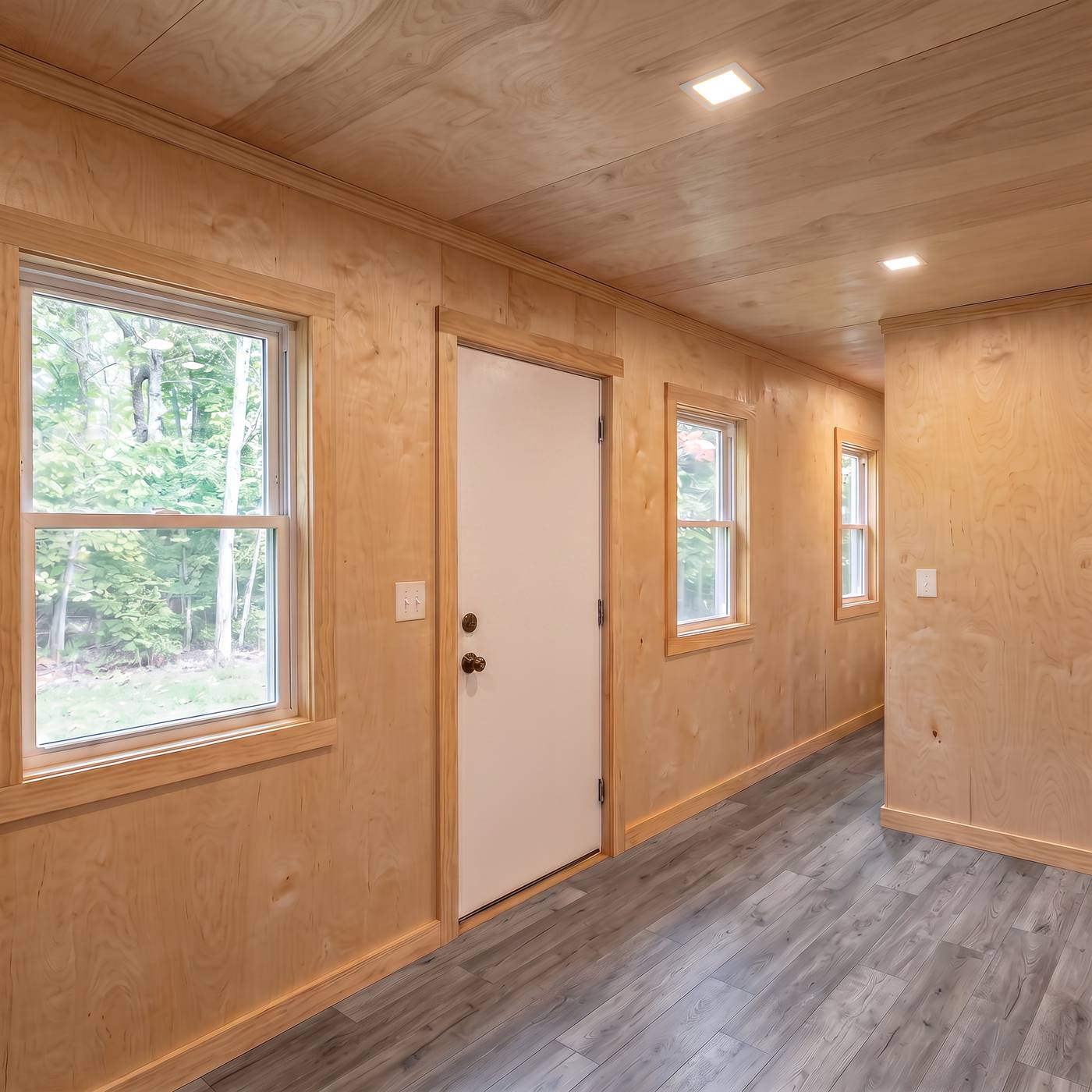 Sport 320 living area, plywood walls, solid entry door, gray plank floor