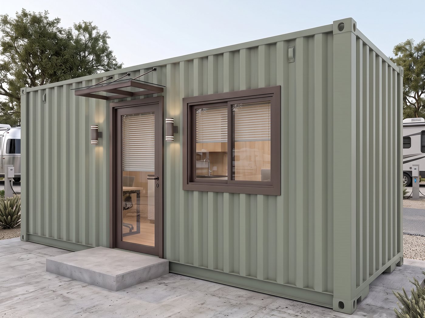 A sage green 20-foot cabin with a canopy over a glass entry door, set on a concrete pad