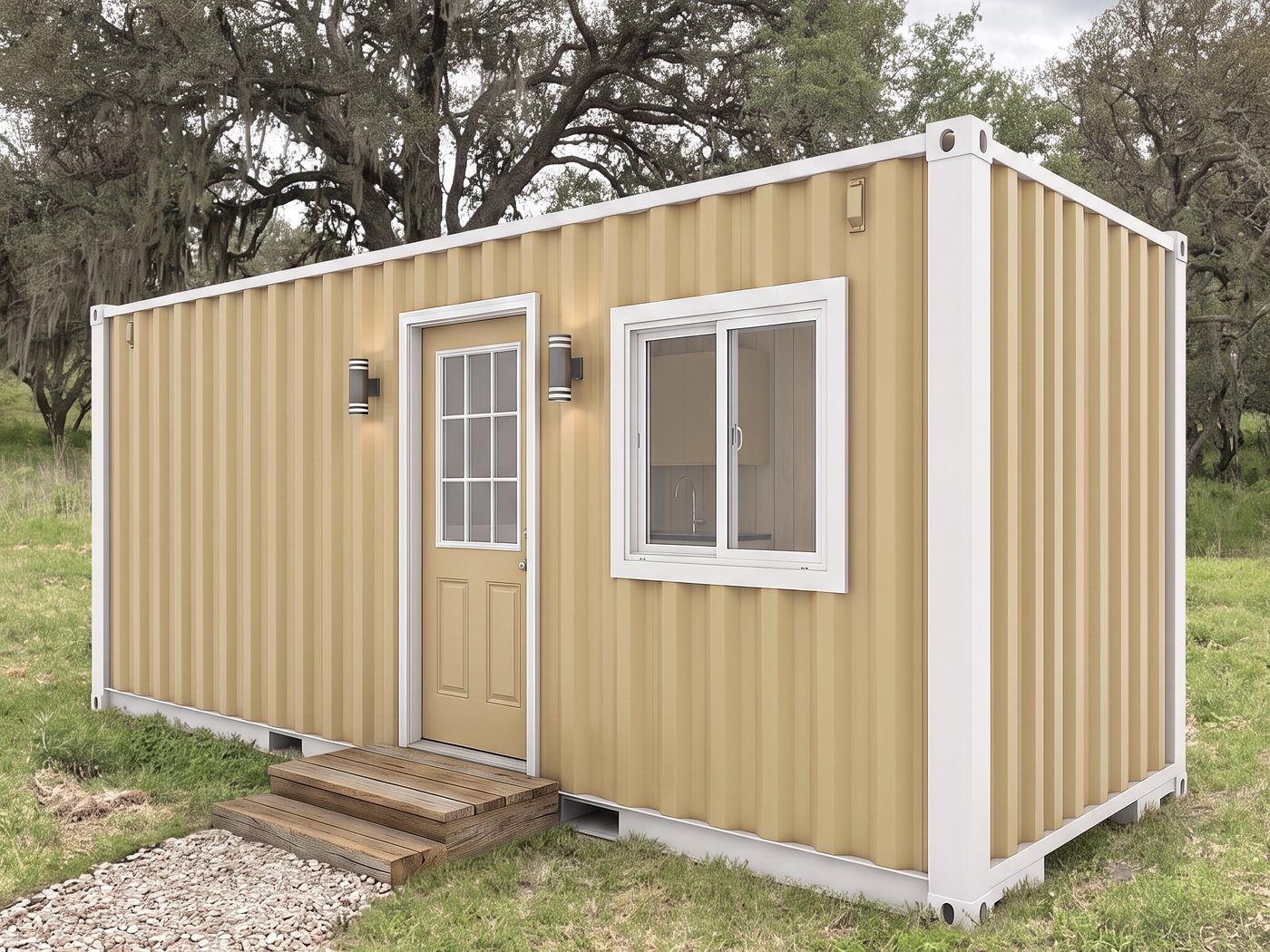 A tan 20-foot cabin with white trim and a nine-light entry door, under live oaks