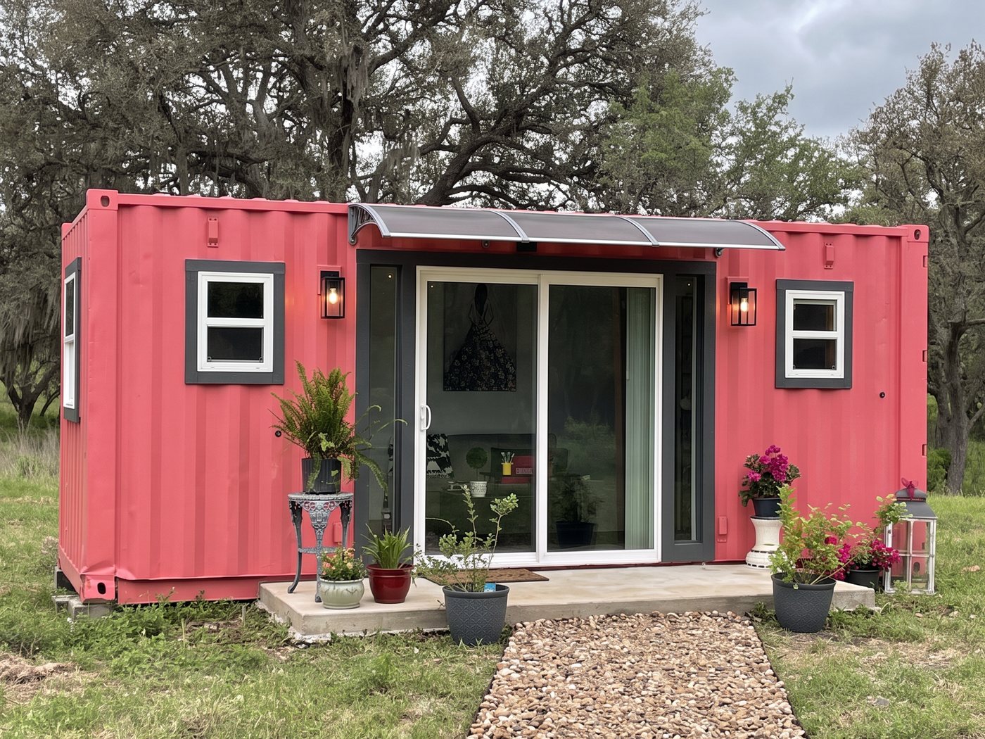 A coral red 20-foot cabin with sliding glass doors and white-trimmed windows