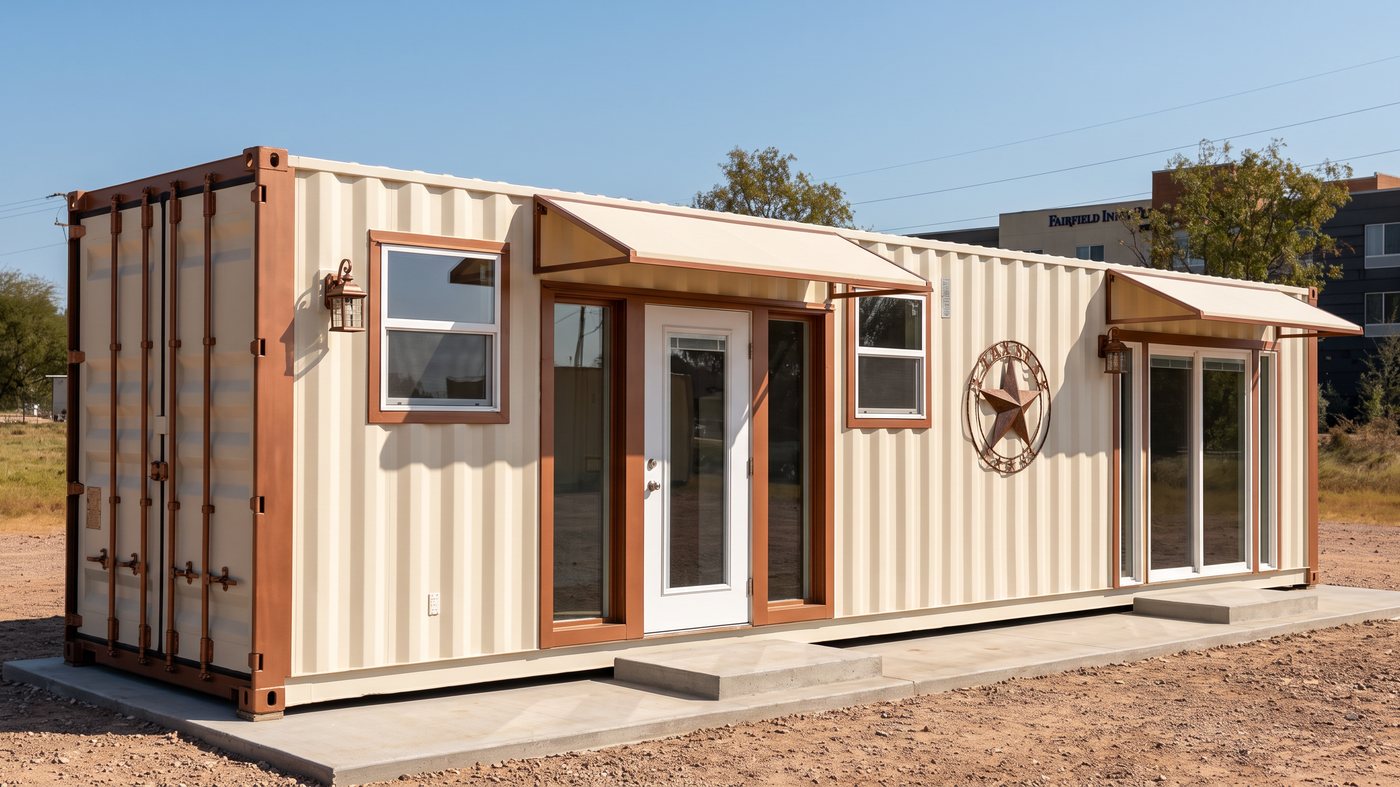 A tan 40-foot cabin with wood-trimmed windows and doors, small awnings over each opening and a Texas star emblem
