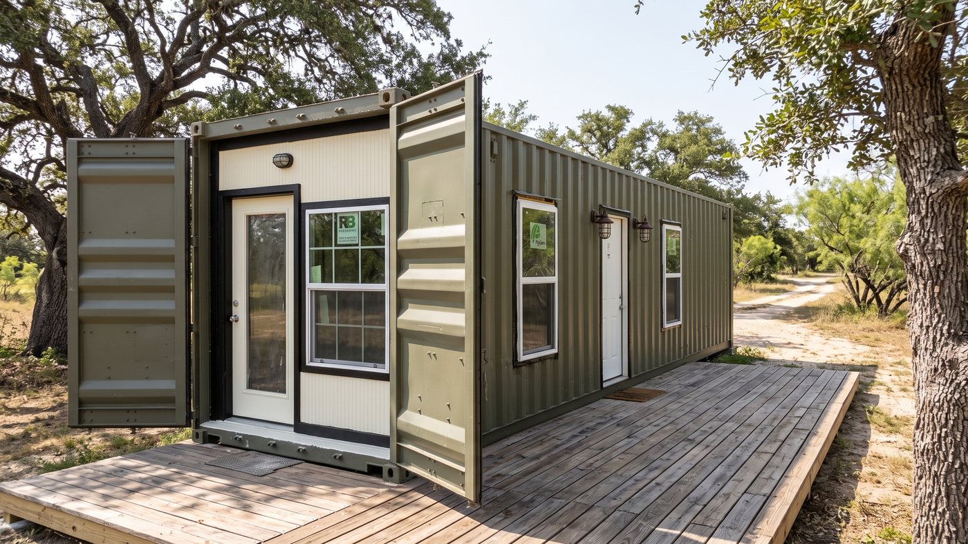 A sage green 40-foot cabin with a white entry door and a wood deck, standing under live oaks
